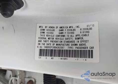 2013 Honda Accord Lx из США, поврежденный, VIN 1HGCR2F39DA262567